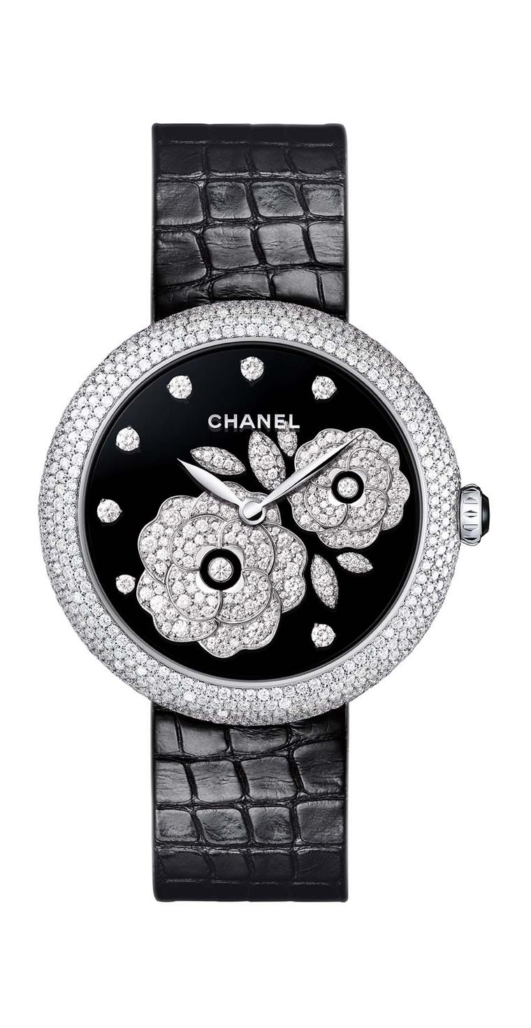 Chanel Mademoiselle Privé Bouton de Camellia watch in white gold, with a black Grand Feu enamel dial decorated with the Bouton de Camellia motif in diamonds