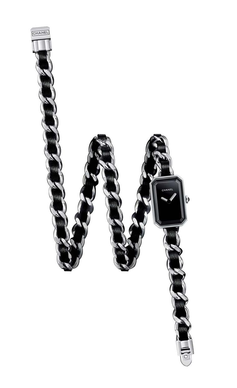 Chanel’s Premiere Triple Row bracelet watch features a steel triple row chain interwoven with black leather ribbons.