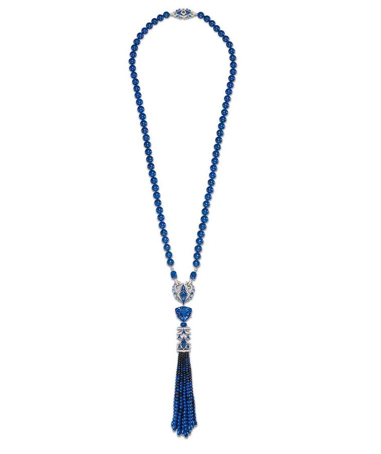 Chaumet Lumières d’Eau high jewellery necklace in white gold with a 45.64ct troidia-cut tanzanite, three cushion-cut sapphires, sapphires, sapphire beads, lapis lazuli beads and black spinel beads.