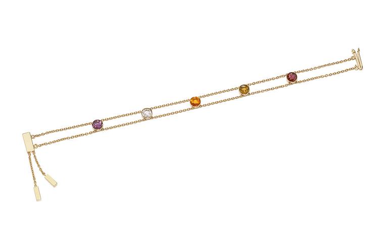 This Chaumet ABC bracelet spells out 'amour' in coloured gemstones: amethyst, morganite, opal, uvite and rhodolite gemstones.