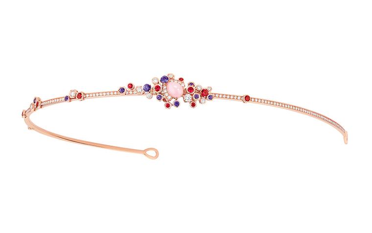Chaumet Bee My Love tiara in pink gold, set with a pink opal, diamonds, spinels and sapphires. The bee brooch is detachable