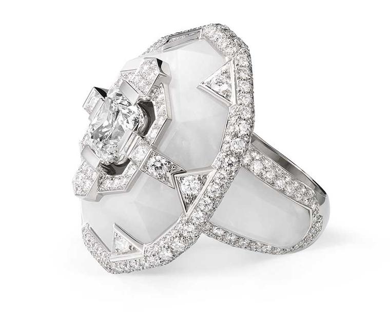 Chaumet Lumieres d’Eau high jewellery ring in platinum and rock crystal, set with a central cushion-cut diamond, brilliant-cut and troidia-cut diamonds.