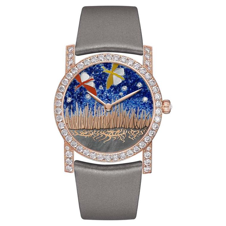 Chaumet Attrape-moi…si tu m’aimes collection watch dial displays two dragonflies decorated with white mother of pearl