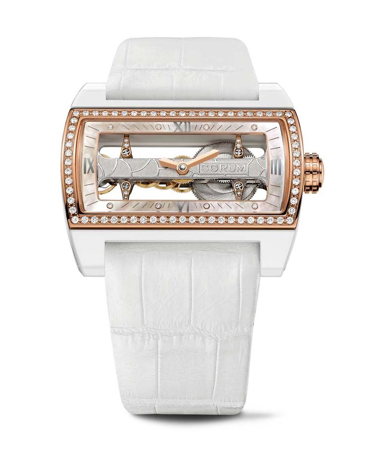 Corum's Ti-Bridge Lady watch is held in place by four diamond-set cross-bars with a horizontal baguette movement framed by a white ceramic case