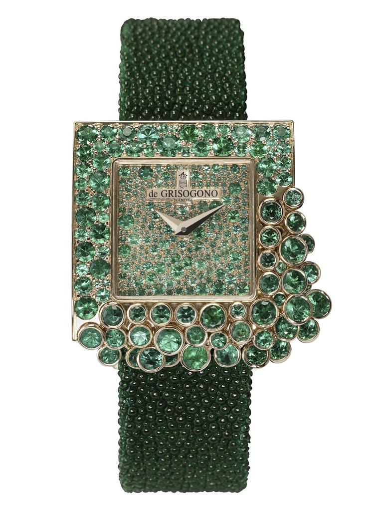 De GRISOGONO 'Sugar' watch in full-pavéd pink gold, with gem-set sides and back case set with 476 emeralds at 8ct.