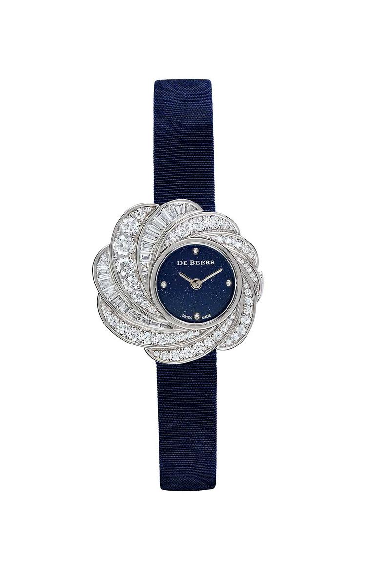 De Beers Aria diamond watch set with round and baguette-cut diamonds totalling 2.06ct in white gold, with an aventurine dial and blue satin strap (£38,700).