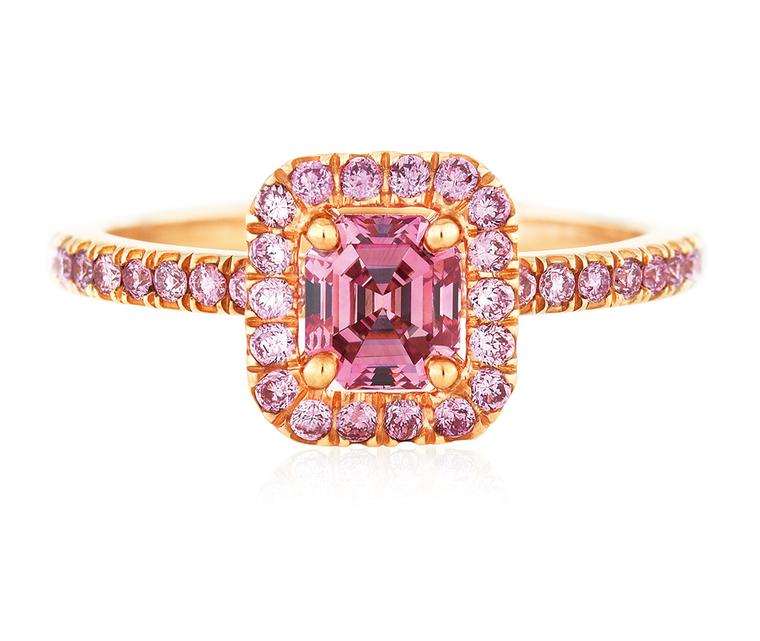 De Beers Aura Pink Diamond Emerald Cut ring, set in pink gold (POA).