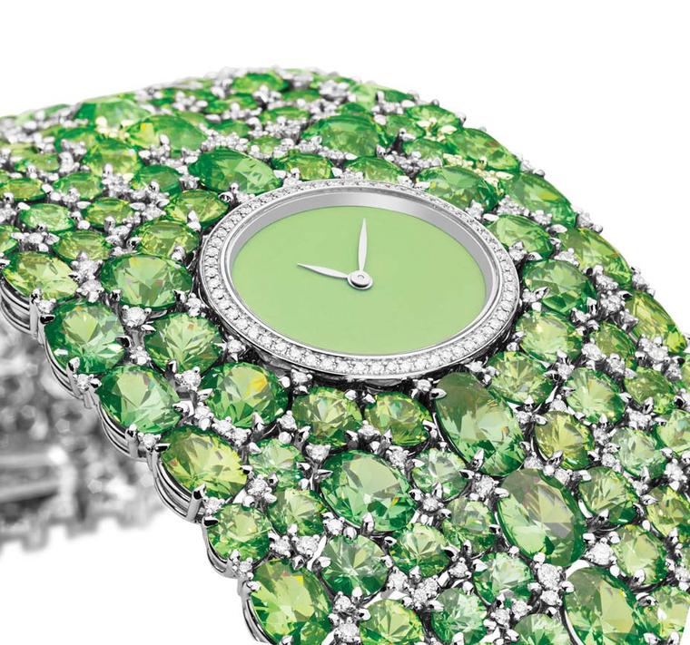 One-of-a-kind DeLaneau Grace Demantoids jewellery watch in white gold with a Grand Feu enamelled dial, set with 245 demantoid garnets and 415 diamonds on the cuff bracelet and a further 58 diamonds on the case