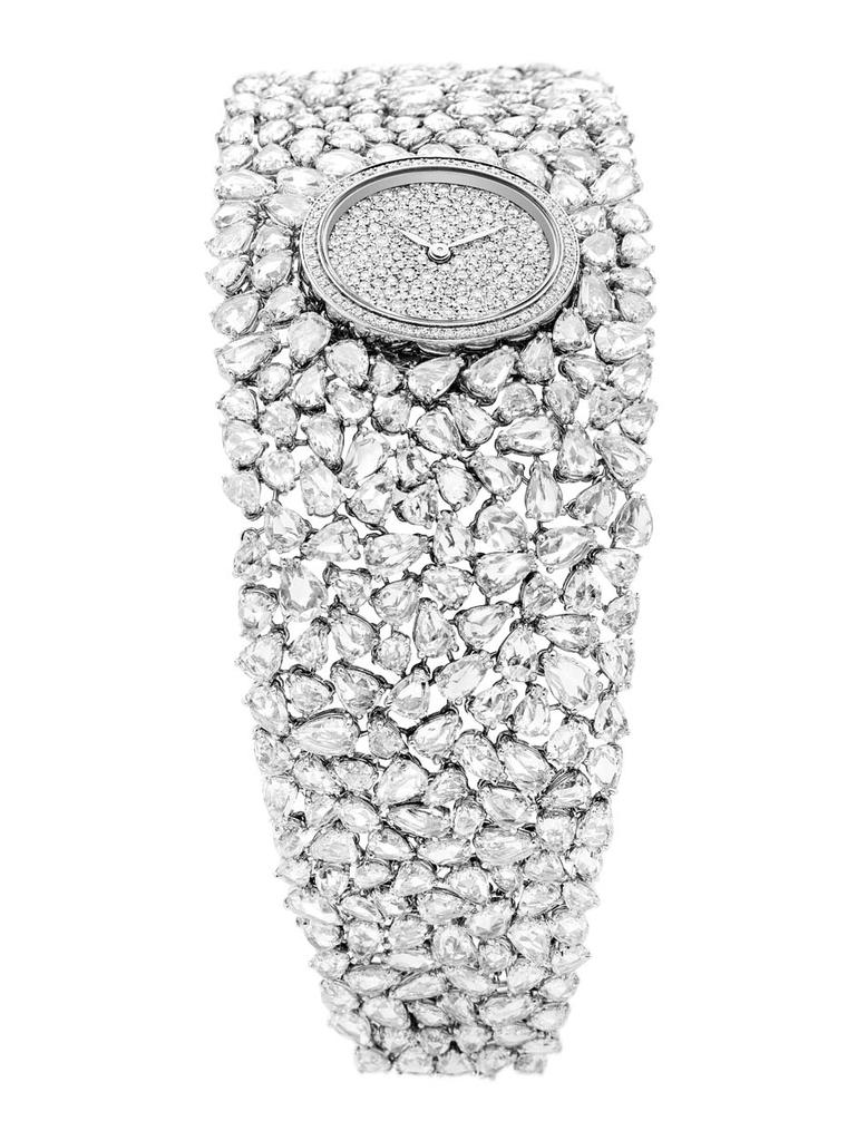 DeLaneau Grace Pear Diamonds jewellery watch in white gold, set with 351 centuries-old pear-cut diamonds on the bracelet and a further 268 diamonds on the dial and case