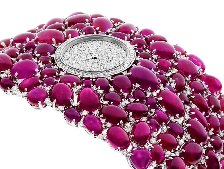 Showered with 214 Burmese cabochon-cut rubies, together with 419 diamonds used as accents in-between, the DeLaneau Grace Rubies watch bursts with rich colour.