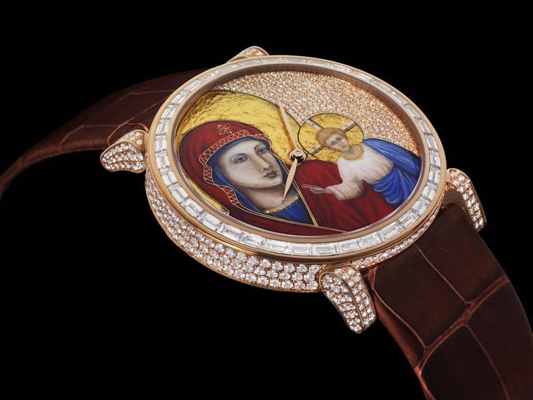 The miniature painting on the dial of DeLaneau's Rondo Icon watch is created using Grand Feu enamelling combined with cloisonné and champlevé work for the details on the Virgin's red headdress, surrounded by gold foil pailloné halos