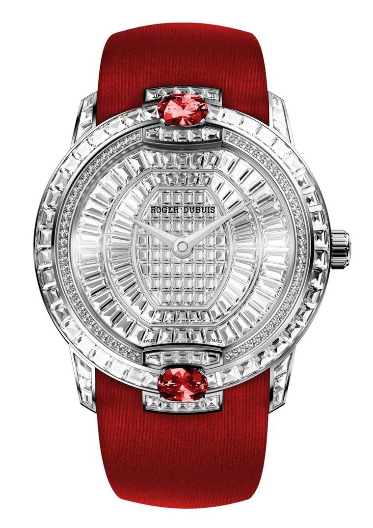 Roger Dubuis' Velvet watch features two striking rubies and 304 diamonds in one of three different diamond settings