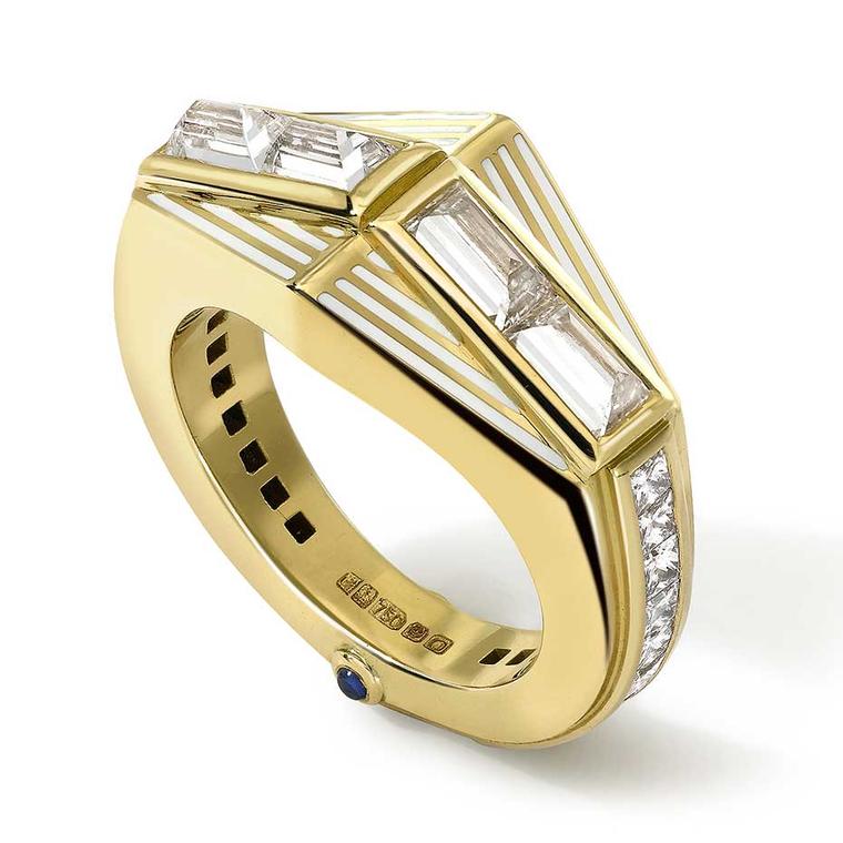Art Deco-style diamond engagement ring by Emma Franklin with four, large, flipped baguette-cut diamonds, white enamel lines, channel-set princess-cut diamonds, and two cabochon star sapphires.
