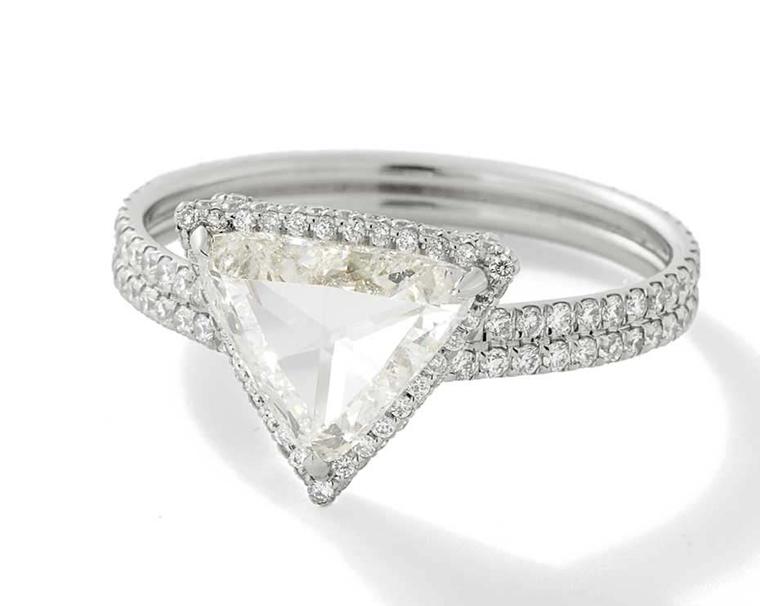 Monique Péan Mineraux collection rose-cut diamond engagement ring with white diamond pavé in recycled platinum.