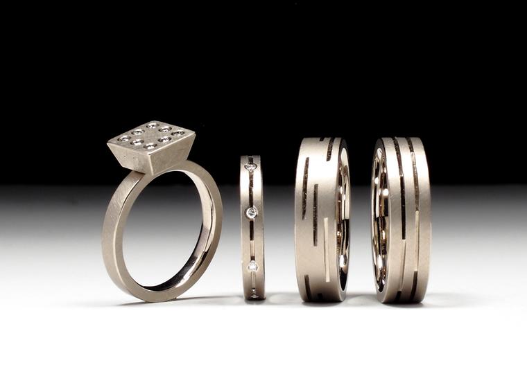 Geoffrey D. Giles engagement rings made from recycled palladium and white gold, paired with conflict-free VS diamonds.