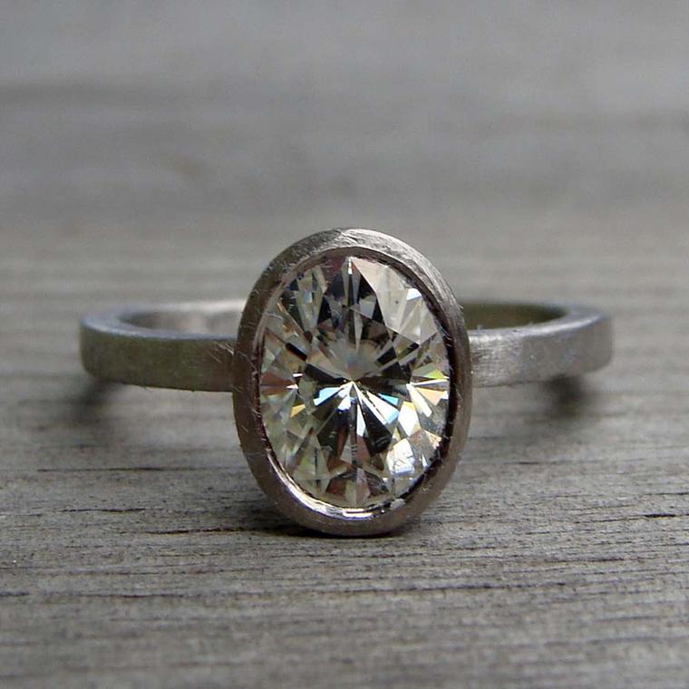 McFarland Designs recycled white gold engagement ring featuring a Forever Brilliant Moissanite.