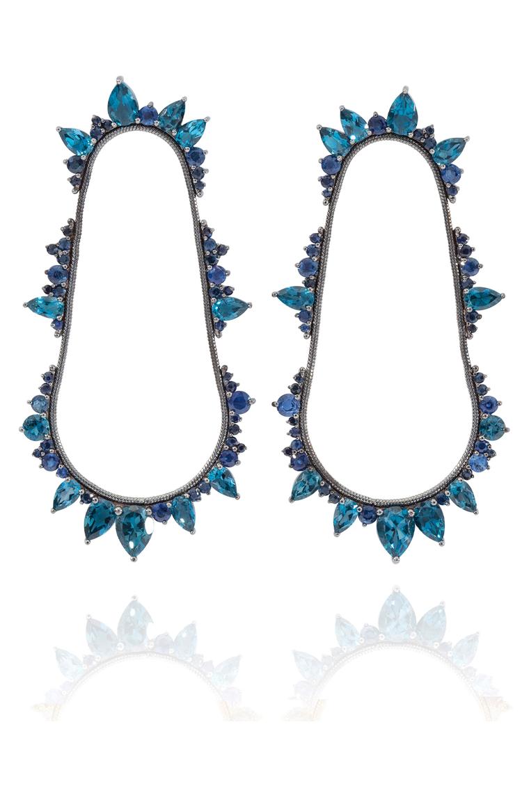 Fernando Jorge London Blue topaz earrings with sapphires in black rhodium-plated gold, from the Electric Cycle collection. Available at matchesfashion.com (£6,000).