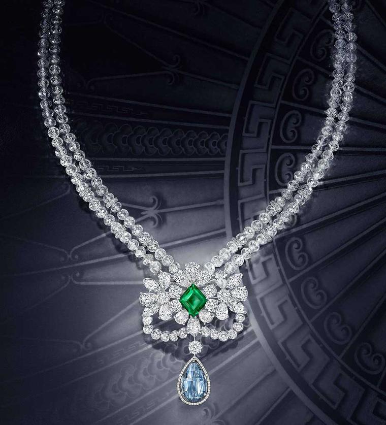 Graff's Le Collier Bleu de Rêve necklace features a 10.47ct Fancy Vivid Blue Internally Flawless briolette diamond, above which sits a stunning 4.22ct old-mine Colombian emerald. The necklace is composed of 192 faceted beaded diamonds.