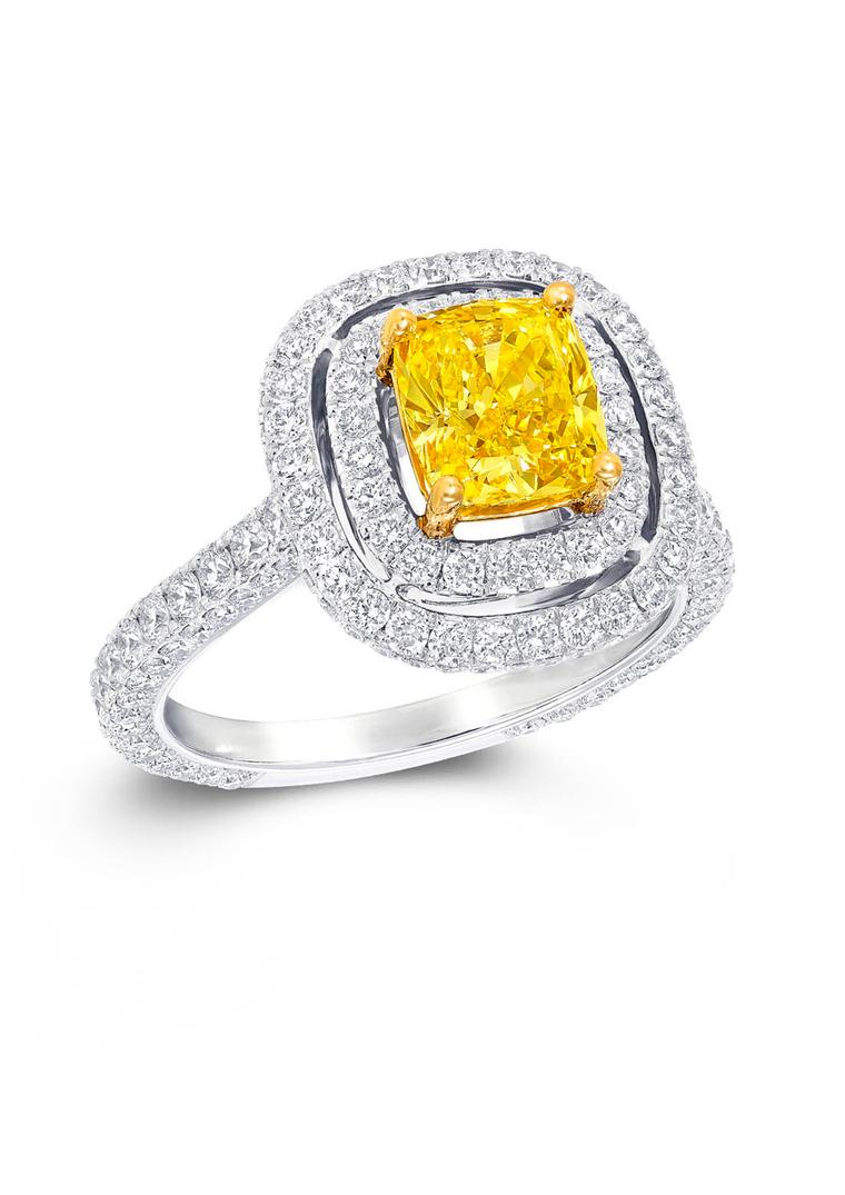 Graff Twin Constellation engagement ring with a double pavé setting surrounding a yellow diamond centre (£POA).