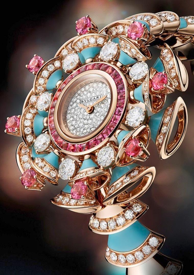 Bulgari Diva high jewellery pink gold watch swirls with brilliant-cut diamonds, pink tourmalines and turquoises and a diamond snow-set dial.