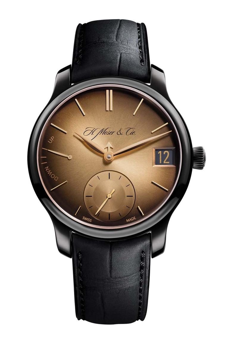 H. Moser & Cie features all the functions of a complicated perpetual calendar with a discreet short arrow anchored between the hour and minute hands acting as a month indicator.