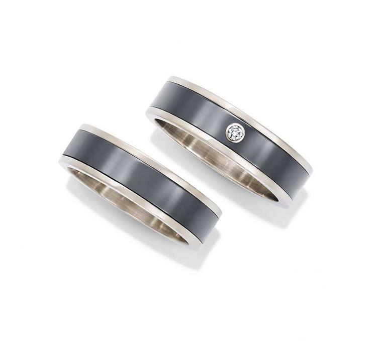 Harry Winston Zalium men's wedding bands in white gold and Zalium, with or without a round-brilliant diamond.
