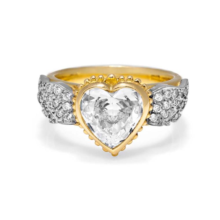 Sophie Harley 2.5ct heart-shaped diamond ring set in yellow gold with additional diamonds on the shank.