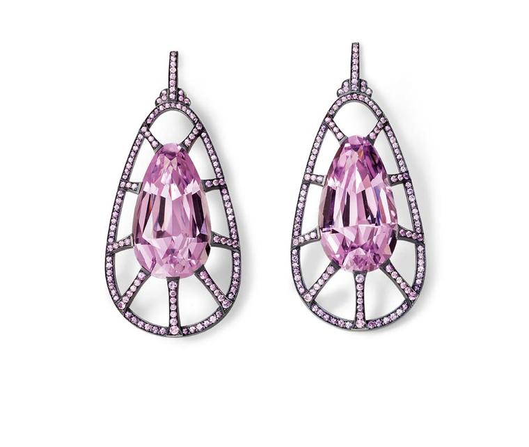 Hemmerle earrings with kunzites and pink sapphires in blackened silver and white gold.