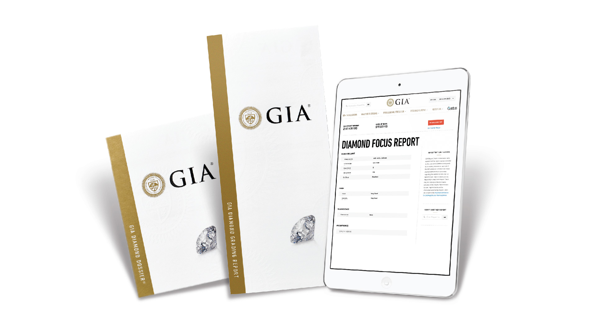Front covers of a GIA Diamond Dossier and a GIA Diamond Grading Report arranged next to a tablet displaying a GIA Focus Report.