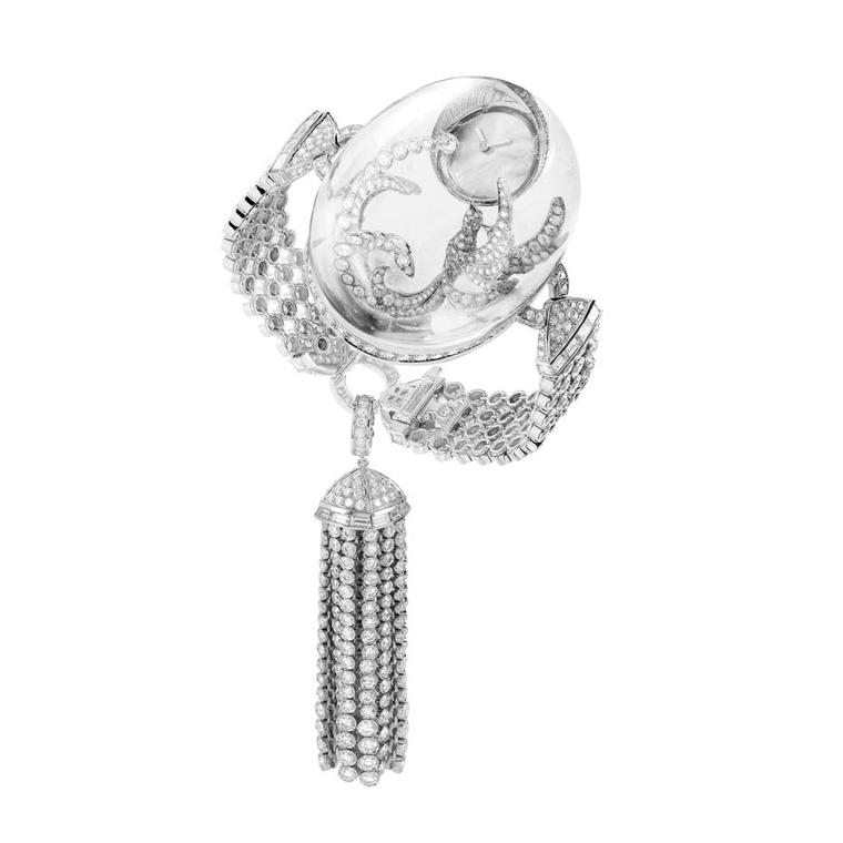 A three-dimensional rock crystal dome, carved from a solid piece of rock crystal, is a window into Boucheron's extraordinary Cristal de Lune jewellery watch.