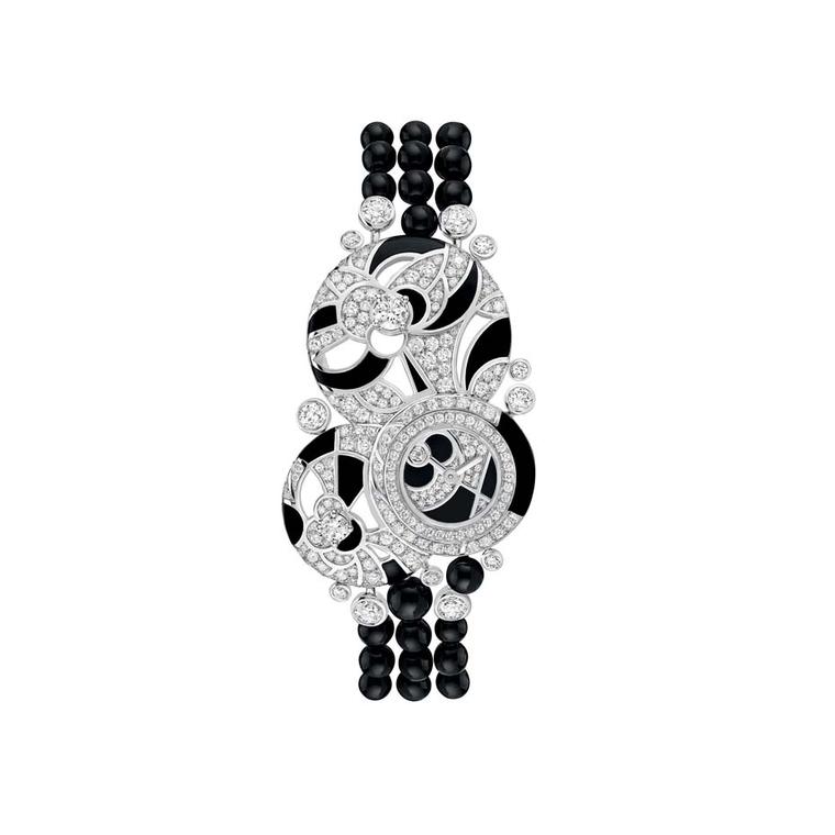 Chanel Café Society Midnight watch with onyx beads and onyx paired with brilliant-cut diamonds to make swirling patterns.