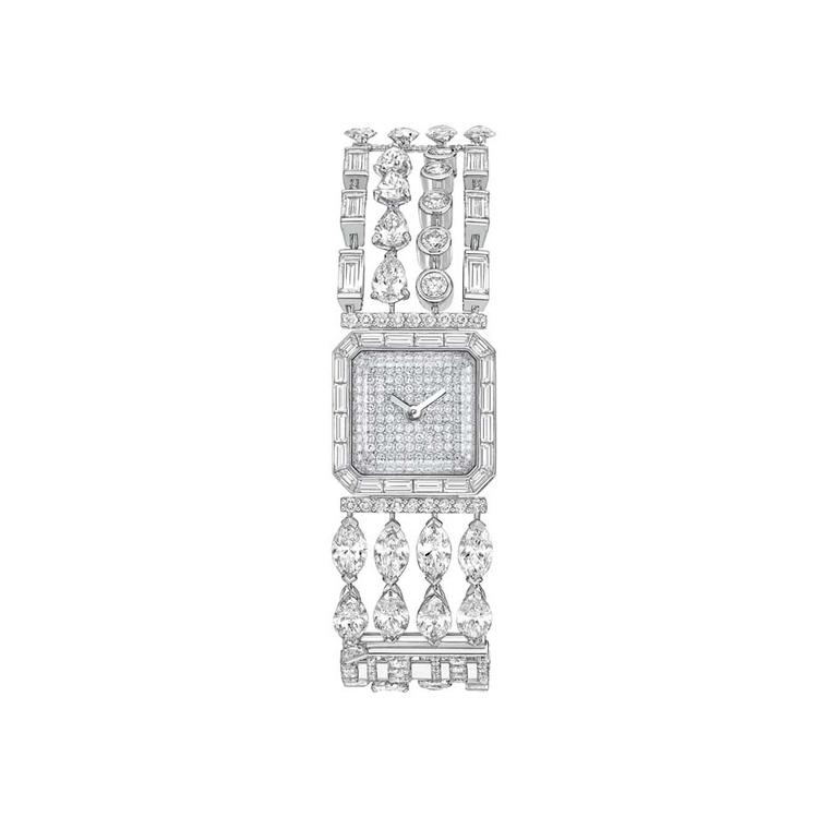 Chanel Café Society Symphony watch featuring fancy-cut diamonds with brilliant and baguette-cut diamonds.