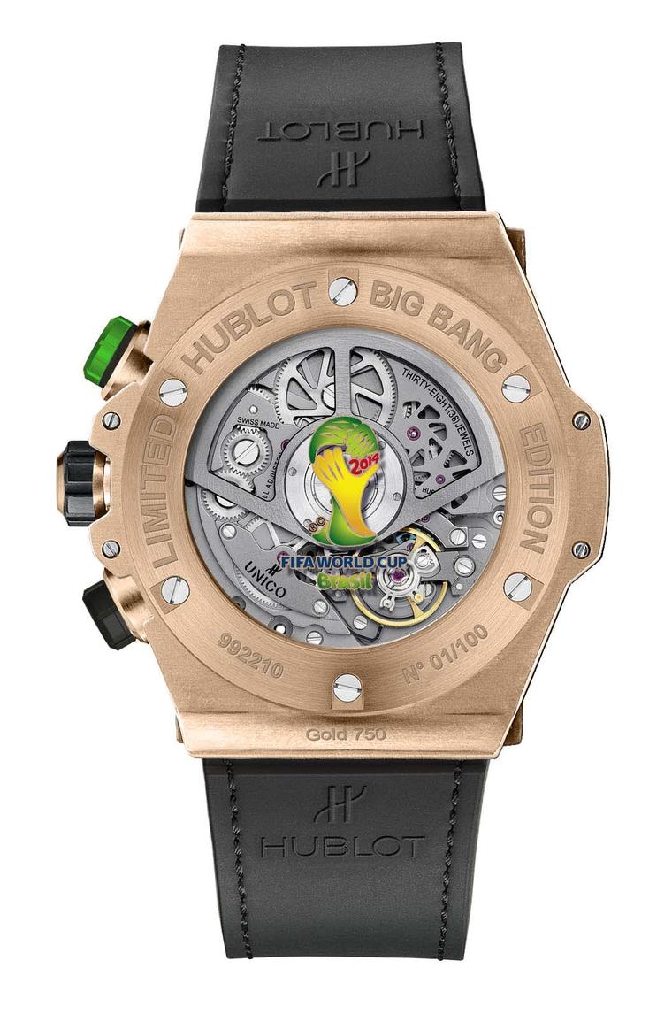 The reverse of the King Gold model of Hublot's Big Bang Unico Bi-Retrograde Chrono watch, decorated with the World Cup trophy on the reverse.