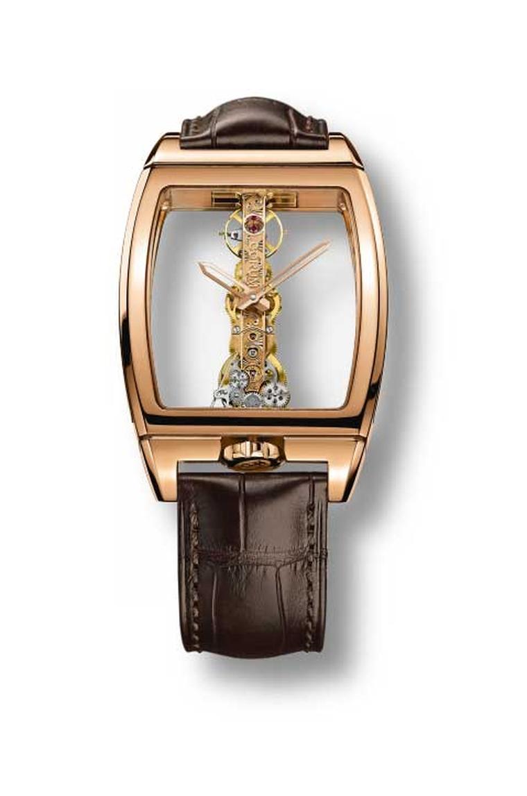 The Corum Golden Bridge watch was the world's first baguette movement with linear gear trains mounted in a totally transparent case. Instead of having a round-shaped movement tucked neatly into a round case, the Golden Bridge had its movement mounted on a