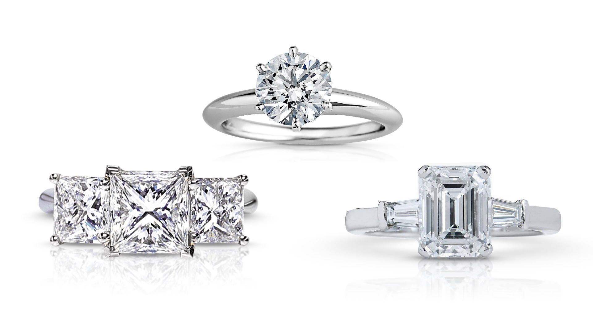 Three diamond engagement rings - princess cut three stone diamond ring, round brilliant solitaire diamond ring, and emerald cut diamond ring with tapered baguette sidestones.