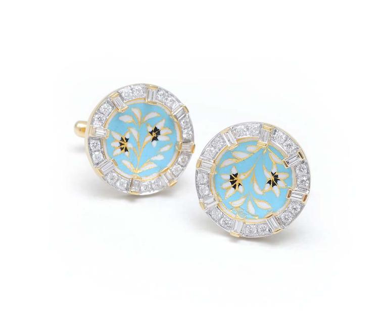 Diamond cufflinks with pastel blue and white floral enamel by designer Farah Khan.