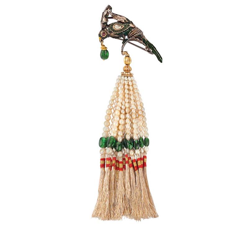 Golecha's Parrot brooch with pearl and emerald tassels.