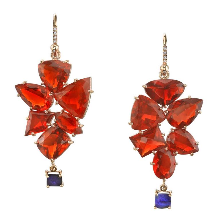 One-of-a-kind Irene Neuwirth earrings in rose gold with mixed Mexican fire opals and Boulder opal drops.