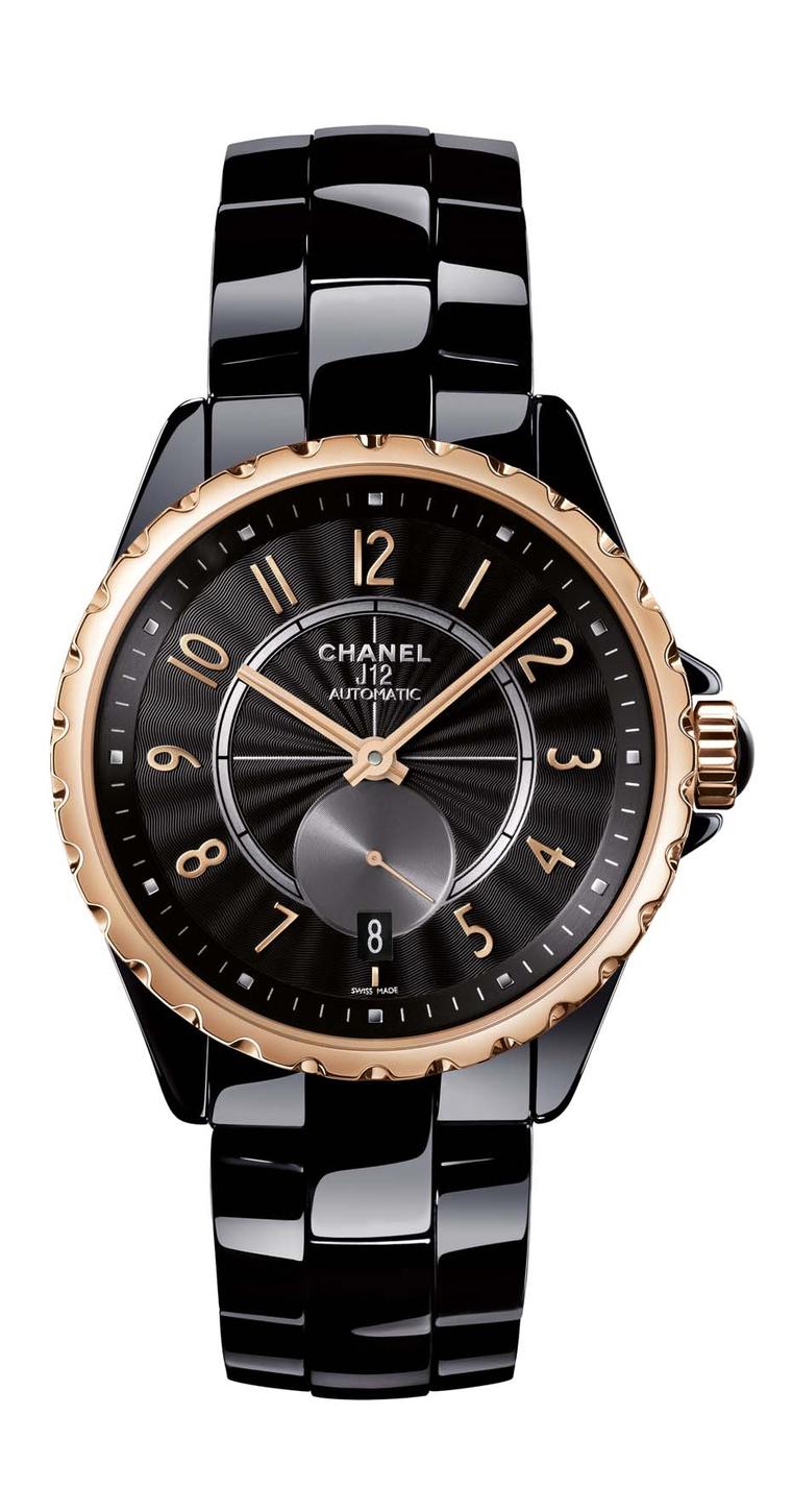 Chanel J12-365 watch in black high-tech ceramic featuring beige gold, an alloy exclusive to Chanel, and a Guilloche´-finished black dial.