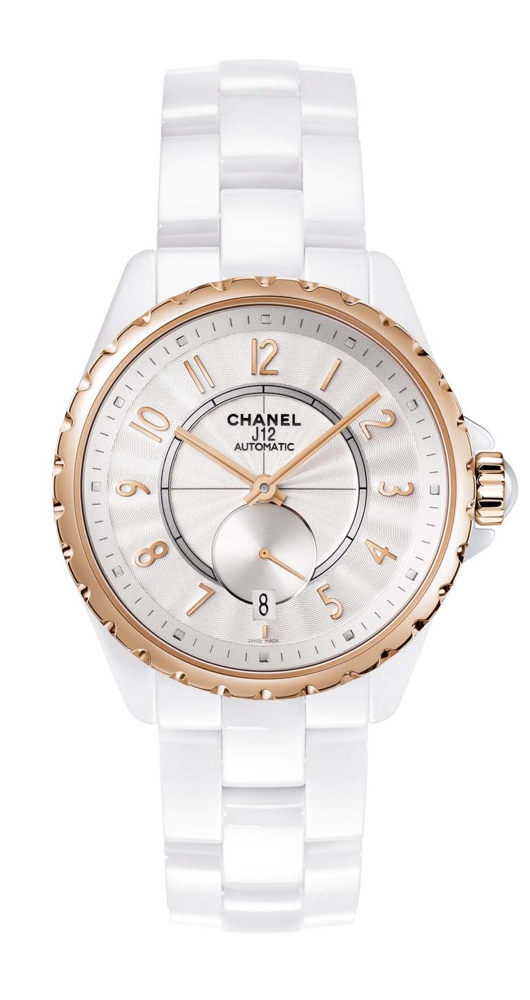 Chanel J12-365 white high-tech ceramic watch featuring beige gold, an alloy exclusive to Chanel, as well as a Guilloche´-finished opaline dial.