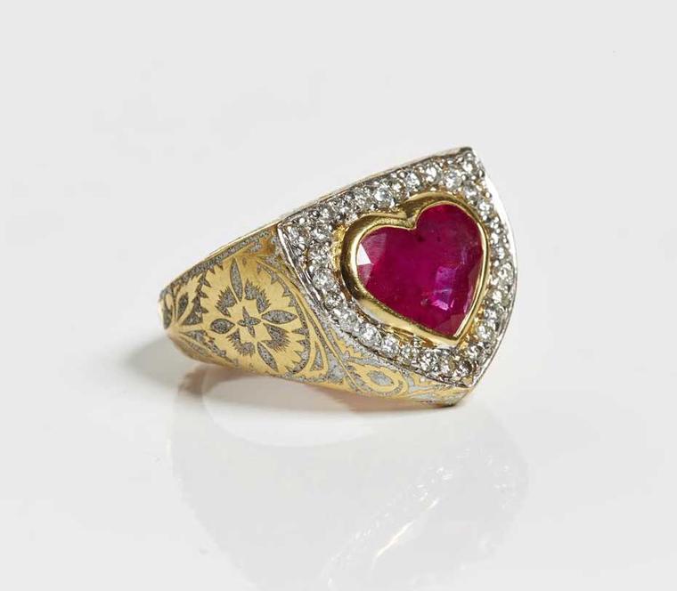 Jade Jagger ruby and diamond vintage-style engagement ring.