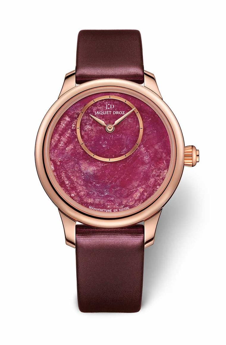 The dial on Jaquet Droz' Minerals collection Petite Heure Minute watch is a slice of ruby known as a ruby heart, a mineral tinted by chrome that ranges from pale pink to hot red.