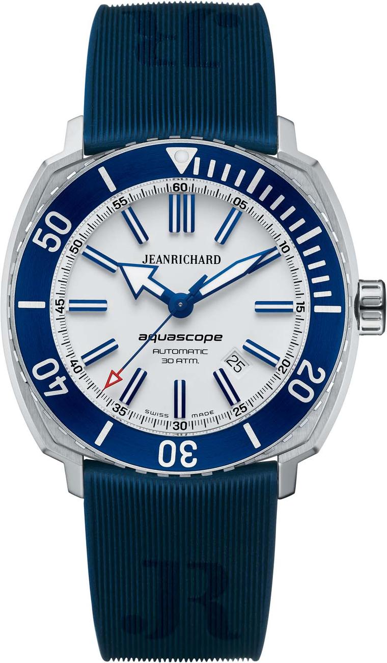 JeanRichard 44mm Aquascope watch with a new “rubbergator” strap, with a deeply-set white dial with applied indices and blue bezel.