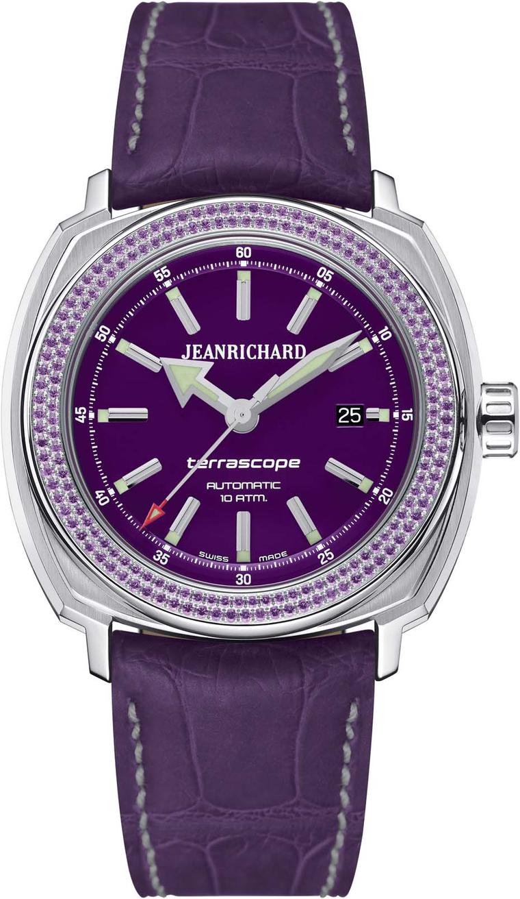 JeanRichard Terrascope ladies watch with a purple dial and bezel set with 88 amethysts.