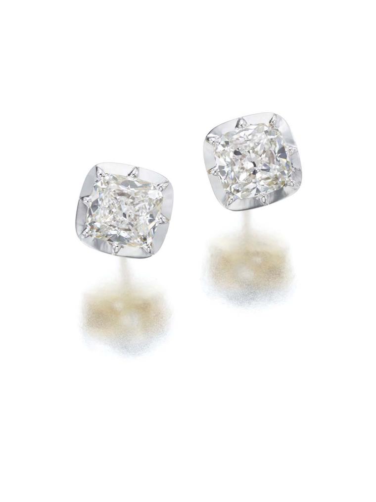 Jessica McCormack Snowdrop diamond studs in white gold, set with 3.06ct cushion-cut diamonds