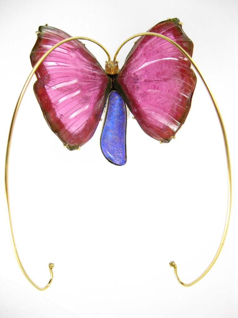 K. Brunini Spirit Animal domed butterfly ring with a Jundah opal and peach sapphire body, gold antennae and carved pink tourmaline wings that are spring-hinged to move with the wearer.