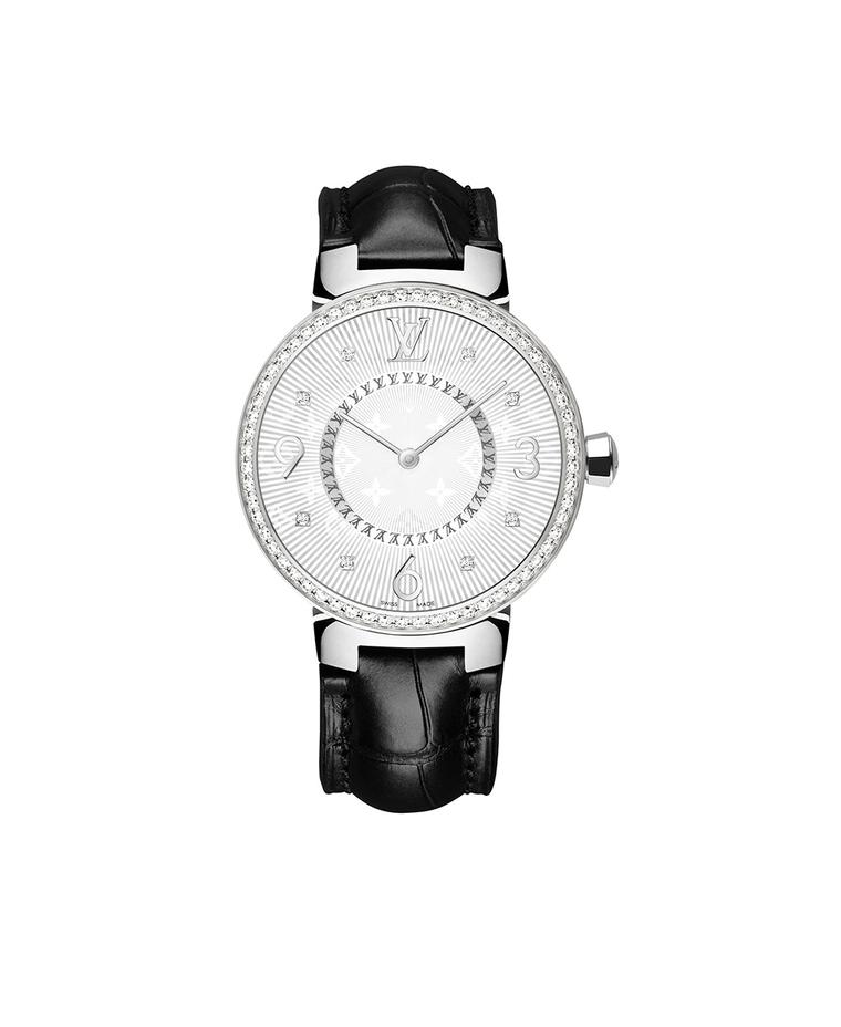 Louis Vuitton Tambour Monogram Acier Serti 28mm watch with a steel case, diamond-set bezel and quartz movement on a black alligator strap. © LOUIS VUITTON. Auteur: I REEL.