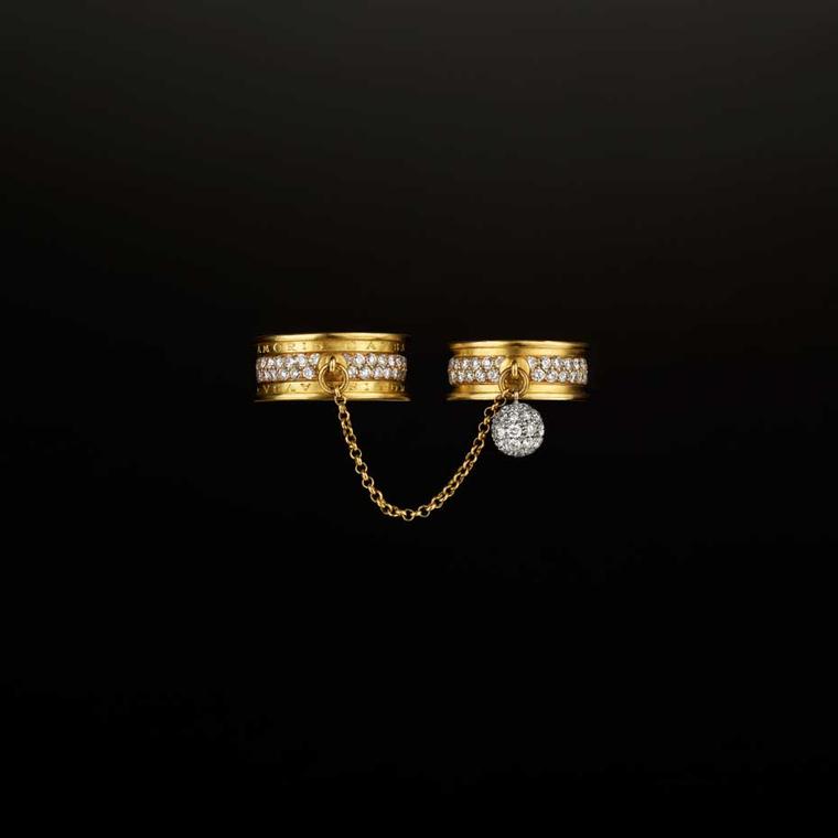 Liv Ballard Collection Sacro Vincolo yellow gold and diamond rings.