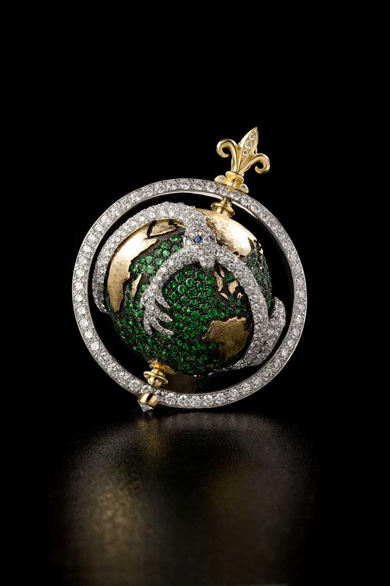 Liv Ballard Collection Capvt Mvndi Tsavorite Dragon Globe yellow gold and tsavorite pendant, encircled by a diamond dragon.