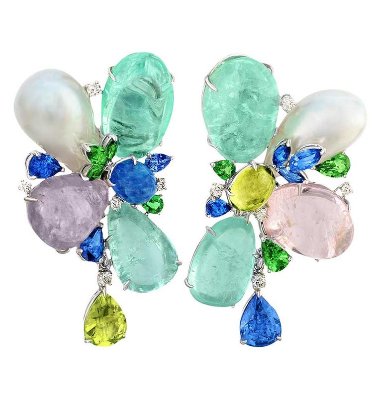 Margot McKinney high jewellery earrings set with African Paraiba-like tourmalines totalling 62.65ct, sapphires, tsavorite garnets, diamonds and South Sea pearls.